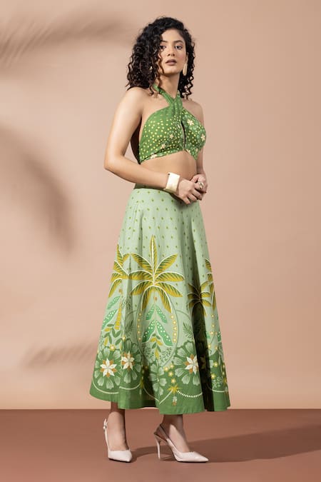Shop Thee Modern Roots Green Cotton Embroidery Halter Neck Olive Lusture Palms Skirt Set Online at Aza Fashions Shop_Thee Modern Roots_Green Cotton Embroidery Halter Neck Olive Lusture Palms Skirt Set _Online_at_Aza_Fashions