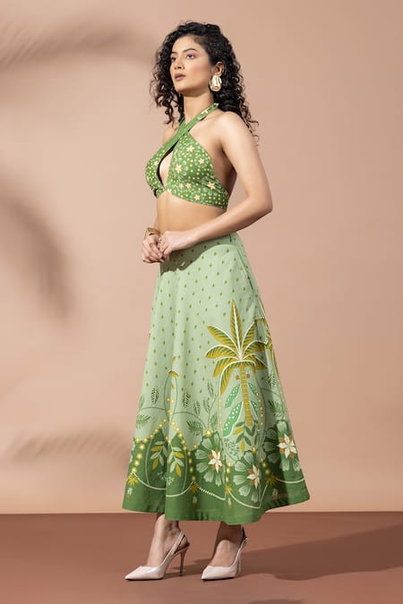 Thee Modern Roots Green Cotton Embroidery Halter Neck Olive Lusture Palms Skirt Set at Aza Fashions Thee Modern Roots_Green Cotton Embroidery Halter Neck Olive Lusture Palms Skirt Set _at_Aza_Fashions