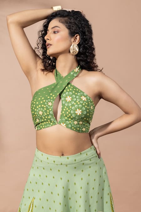 Buy Thee Modern Roots Green Cotton Embroidery Halter Neck Olive Lusture Palms Skirt Set Buy_Thee Modern Roots_Green Cotton Embroidery Halter Neck Olive Lusture Palms Skirt Set