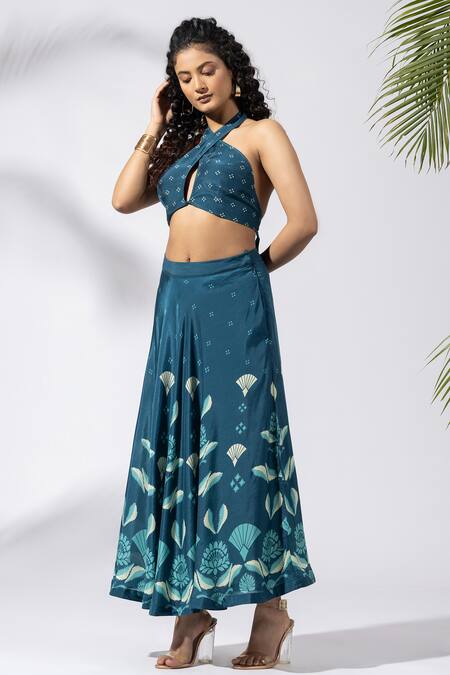 Shop_Thee Modern Roots_Teal Bamboo, Muslin Halter Neck Blue Abstract Print Skirt Set _Online_at_Aza_Fashions