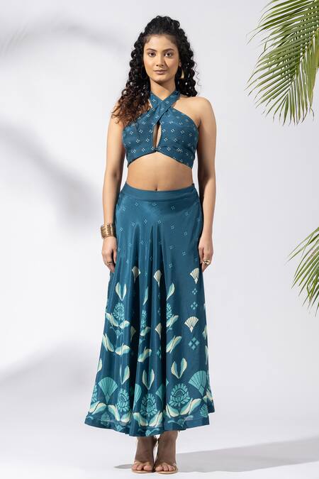 Thee Modern Roots_Teal Bamboo, Muslin Halter Neck Blue Abstract Print Skirt Set _at_Aza_Fashions