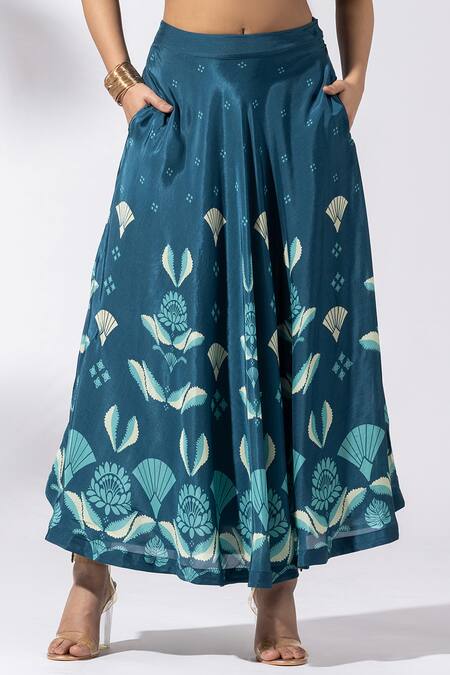 Shop_Thee Modern Roots_Teal Bamboo, Muslin Halter Neck Blue Abstract Print Skirt Set 