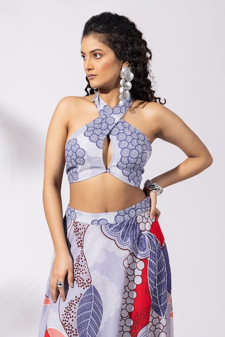Thee Modern Roots_Lavender Cotton Keyhole Neck Abstract Print Skirt Set _Online_at_Aza_Fashions