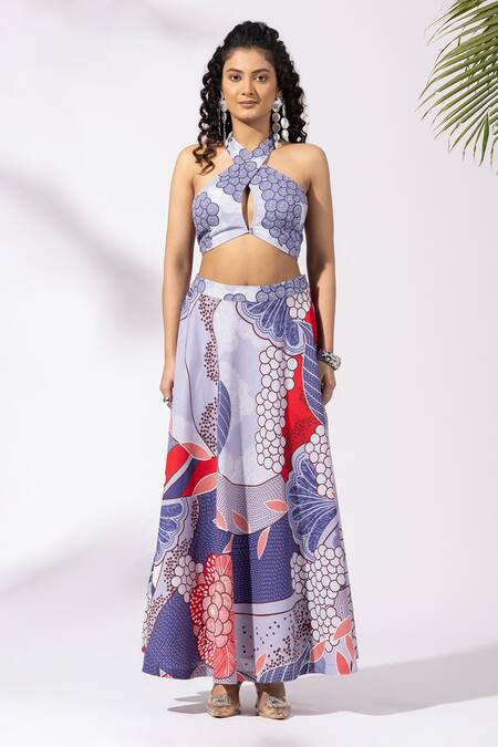 Buy_Thee Modern Roots_Lavender Cotton Keyhole Neck Abstract Print Skirt Set _Online_at_Aza_Fashions