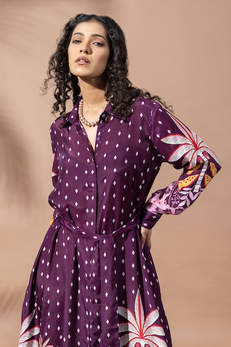 Thee Modern Roots_Purple Muslin Collared Plum Palm Print Shirt Dress _Online_at_Aza_Fashions