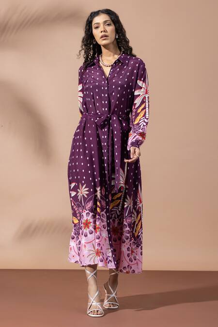 Buy_Thee Modern Roots_Purple Muslin Collared Plum Palm Print Shirt Dress _Online_at_Aza_Fashions