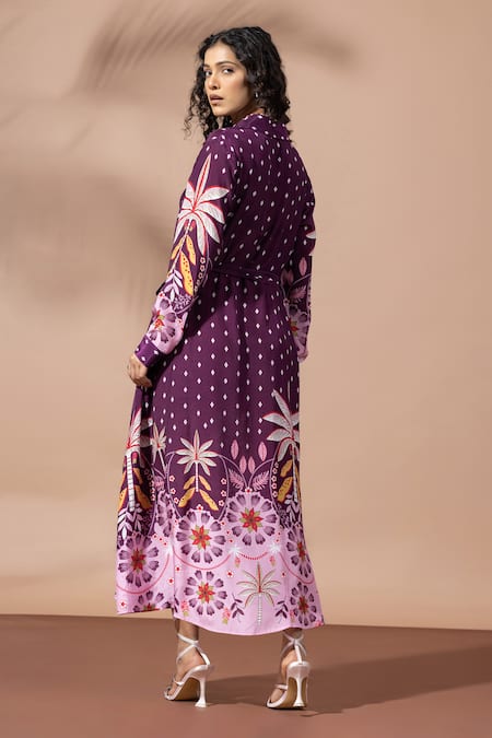 Thee Modern Roots Plum Palm Print Shirt Dress 