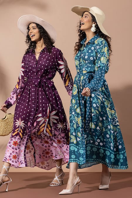 Shop_Thee Modern Roots_Purple Muslin Collared Plum Palm Print Shirt Dress _Online_at_Aza_Fashions