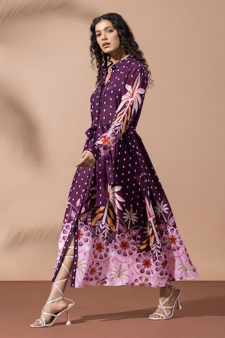 Thee Modern Roots_Purple Muslin Collared Plum Palm Print Shirt Dress _at_Aza_Fashions