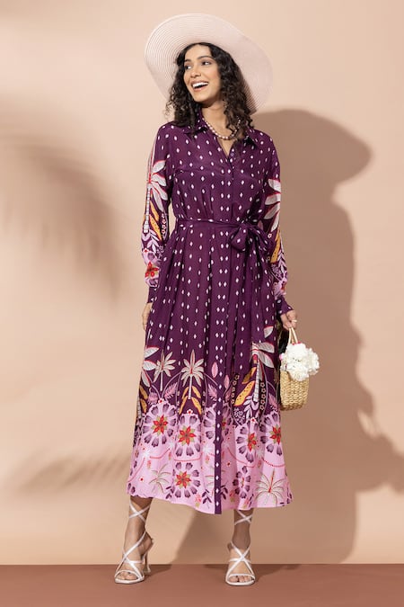 Thee Modern Roots Plum Palm Print Shirt Dress 