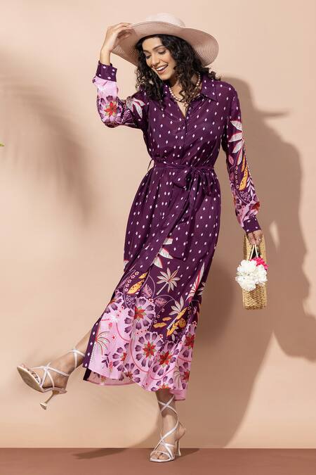 Buy_Thee Modern Roots_Purple Muslin Collared Plum Palm Print Shirt Dress 
