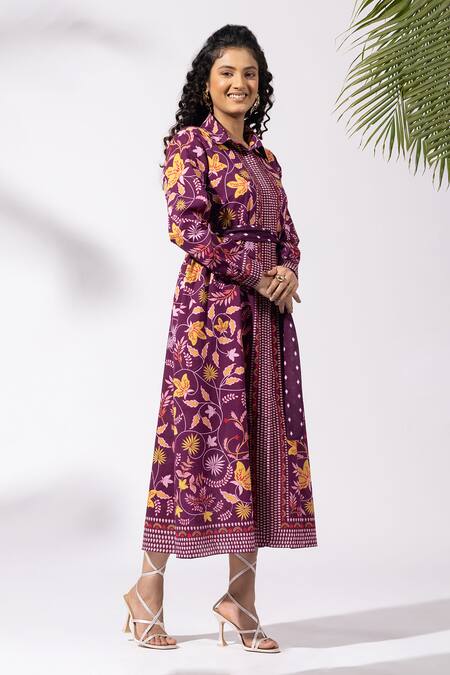 Thee Modern Roots Purple Cotton Collared Floral Print Plum Shirt Dress Online at Aza Fashions Thee Modern Roots_Purple Cotton Collared Floral Print Plum Shirt Dress _Online_at_Aza_Fashions