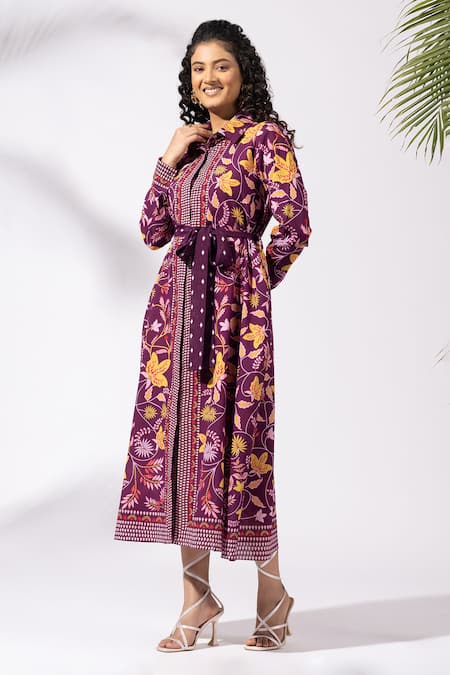 Thee Modern Roots Floral Print Plum Shirt Dress 