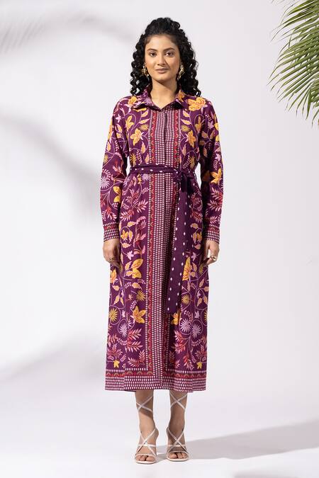 Buy Thee Modern Roots Purple Cotton Collared Floral Print Plum Shirt Dress Online at Aza Fashions Buy_Thee Modern Roots_Purple Cotton Collared Floral Print Plum Shirt Dress _Online_at_Aza_Fashions