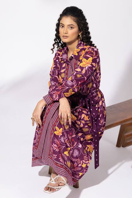 Shop Thee Modern Roots Purple Cotton Collared Floral Print Plum Shirt Dress Online at Aza Fashions Shop_Thee Modern Roots_Purple Cotton Collared Floral Print Plum Shirt Dress _Online_at_Aza_Fashions