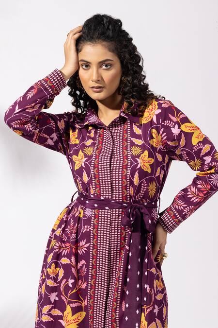 Thee Modern Roots Purple Cotton Collared Floral Print Plum Shirt Dress at Aza Fashions Thee Modern Roots_Purple Cotton Collared Floral Print Plum Shirt Dress _at_Aza_Fashions