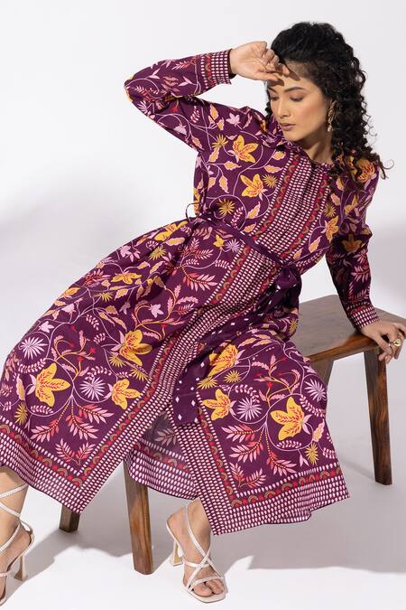 Buy Thee Modern Roots Purple Cotton Collared Floral Print Plum Shirt Dress Buy_Thee Modern Roots_Purple Cotton Collared Floral Print Plum Shirt Dress