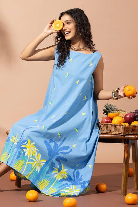 Thee Modern Roots Blue Cotton Round Neck Berry Flared Midi Dress Online at Aza Fashions Thee Modern Roots_Blue Cotton Round Neck Berry Flared Midi Dress _Online_at_Aza_Fashions