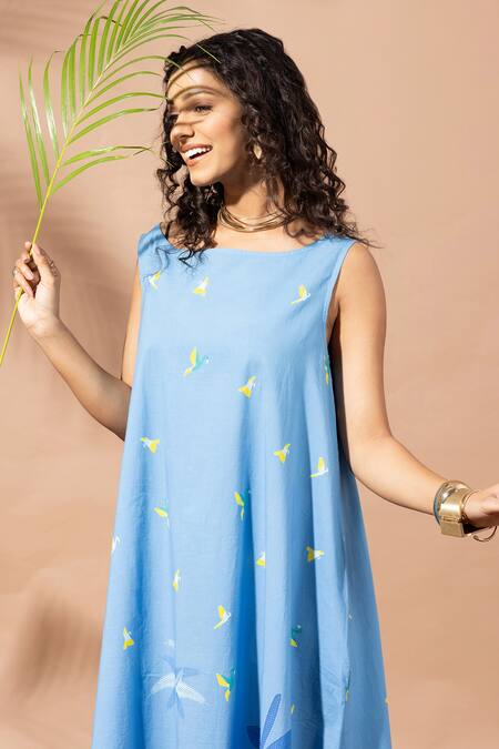 Shop Thee Modern Roots Blue Cotton Round Neck Berry Flared Midi Dress Online at Aza Fashions Shop_Thee Modern Roots_Blue Cotton Round Neck Berry Flared Midi Dress _Online_at_Aza_Fashions