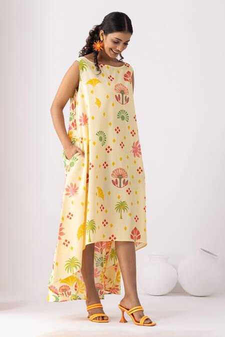 Buy_Thee Modern Roots_Yellow Cotton Round Neck Butter Bloom Flared Midi Dress _Online_at_Aza_Fashions