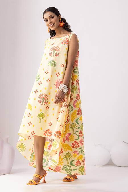 Shop_Thee Modern Roots_Yellow Cotton Round Neck Butter Bloom Flared Midi Dress _Online_at_Aza_Fashions