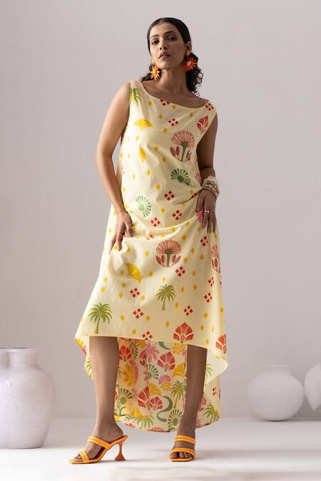 Thee Modern Roots_Yellow Cotton Round Neck Butter Bloom Flared Midi Dress _at_Aza_Fashions