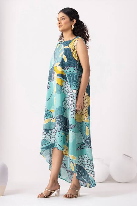 Thee Modern Roots_Teal Cotton Round Neck Floral Print Blue Flared Dress _Online_at_Aza_Fashions