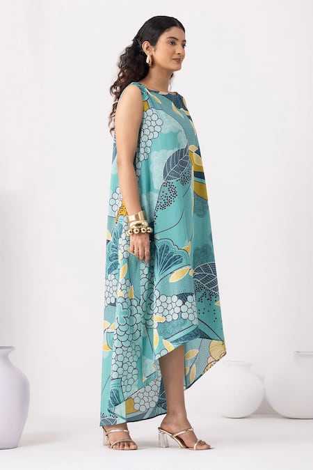 Buy_Thee Modern Roots_Teal Cotton Round Neck Floral Print Blue Flared Dress _Online_at_Aza_Fashions