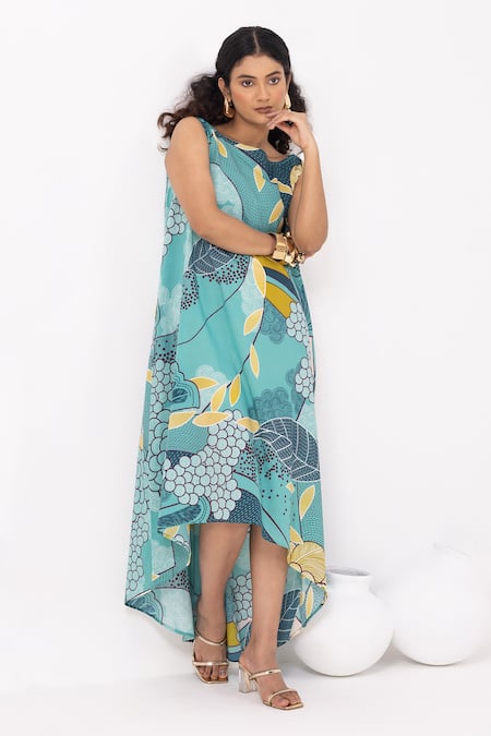 Shop_Thee Modern Roots_Teal Cotton Round Neck Floral Print Blue Flared Dress _Online_at_Aza_Fashions