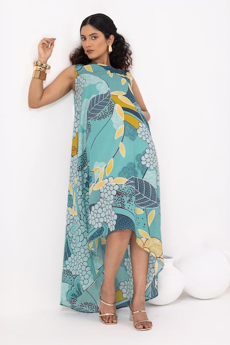 Thee Modern Roots Floral Print Teal Blue Flared Dress 