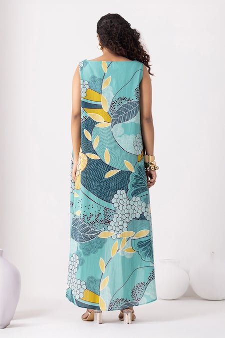 Thee Modern Roots Floral Print Teal Blue Flared Dress 