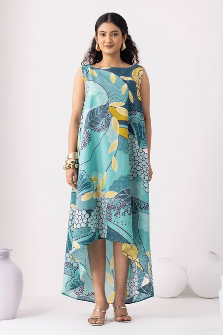 Thee Modern Roots_Teal Cotton Round Neck Floral Print Blue Flared Dress _at_Aza_Fashions
