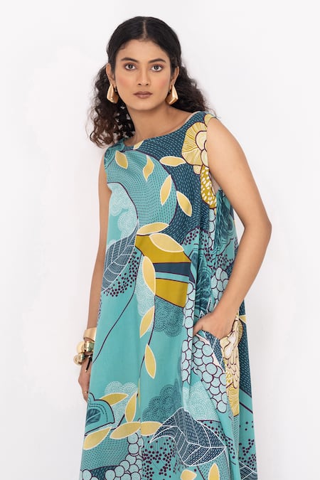 Buy_Thee Modern Roots_Teal Cotton Round Neck Floral Print Blue Flared Dress 