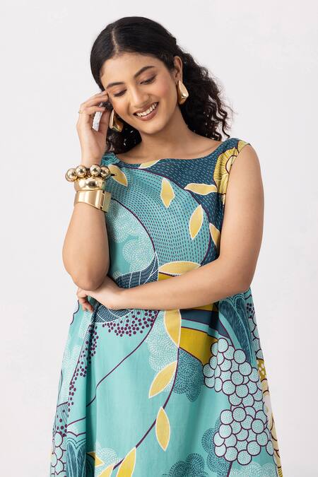 Shop_Thee Modern Roots_Teal Cotton Round Neck Floral Print Blue Flared Dress 