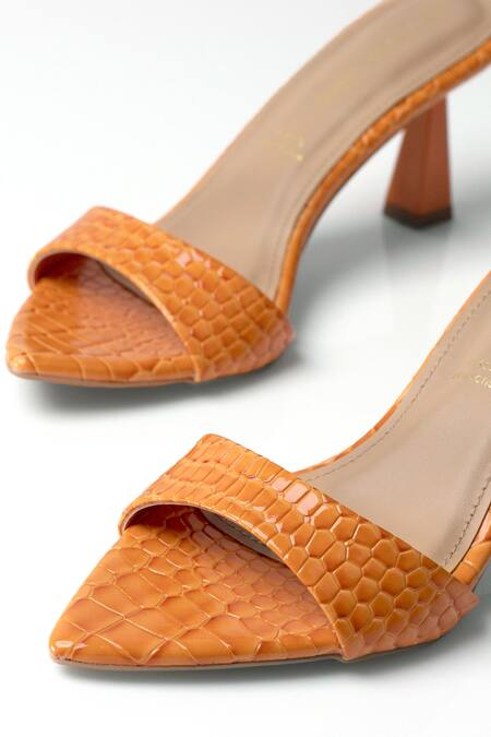 Buy_Signature Sole_Orange Tangerine Twist Sculpted Heel Mules _Online_at_Aza_Fashions