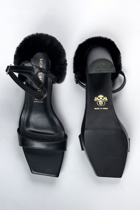 Shop Signature Sole Black Noir Fur Trim Block Heel Sandals at Aza Fashions Shop_Signature Sole_Black Noir Fur Trim Block Heel Sandals _at_Aza_Fashions