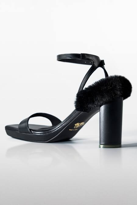 Buy Signature Sole Black Noir Fur Trim Block Heel Sandals Online at Aza Fashions Buy_Signature Sole_Black Noir Fur Trim Block Heel Sandals _Online_at_Aza_Fashions