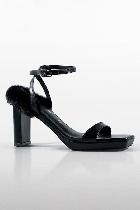 Signature Sole Black Noir Fur Trim Block Heel Sandals