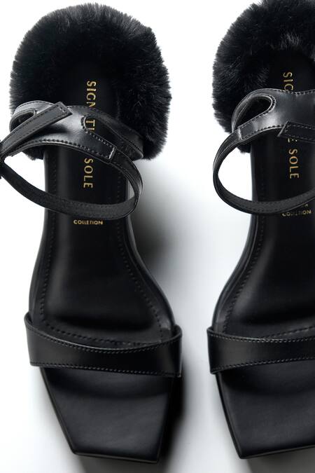 Signature Sole Black Noir Fur Trim Block Heel Sandals at Aza Fashions Signature Sole_Black Noir Fur Trim Block Heel Sandals _at_Aza_Fashions