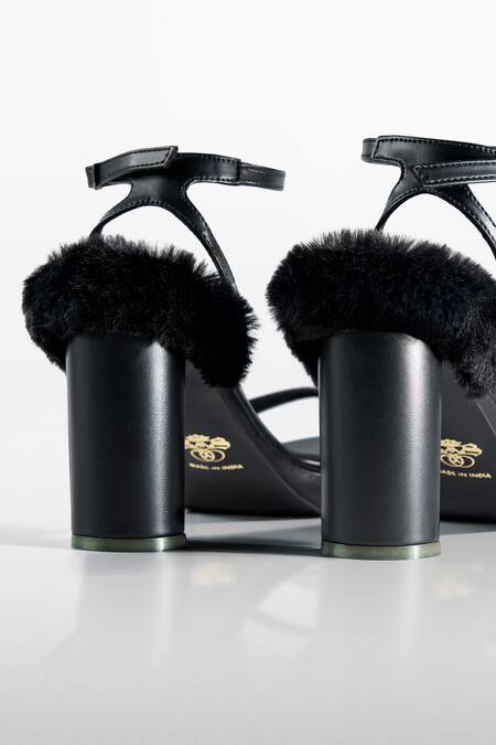 Buy Signature Sole Black Noir Fur Trim Block Heel Sandals Buy_Signature Sole_Black Noir Fur Trim Block Heel Sandals