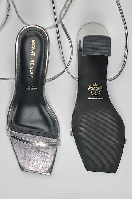 Signature Sole Silver Metallic Wrap-Around Block Heels 