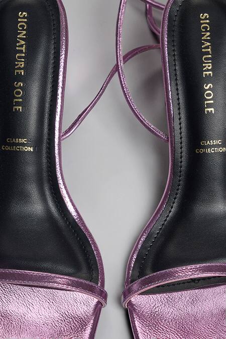 Signature Sole Pink Metallic Ankle Wrap Block Heels at Aza Fashions Signature Sole_Pink Metallic Ankle Wrap Block Heels _at_Aza_Fashions