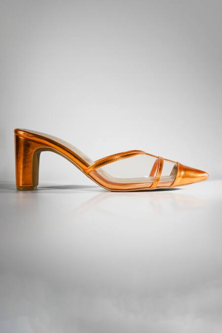 Buy_Signature Sole_Orange Metallic Pointed Toe Block Heels _Online_at_Aza_Fashions