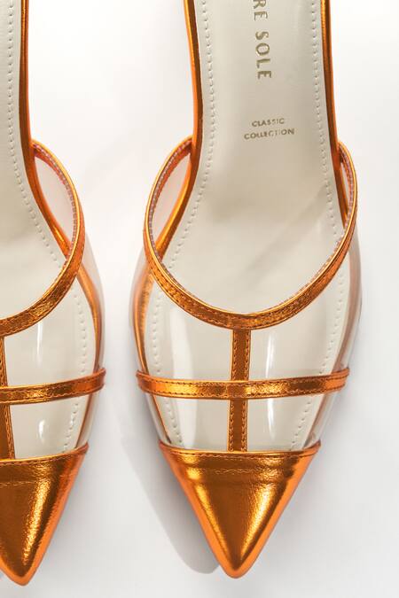 Buy_Signature Sole_Orange Metallic Pointed Toe Block Heels 