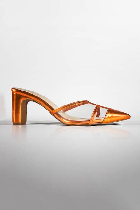 Signature Sole Orange Metallic Pointed Toe Block Heels
