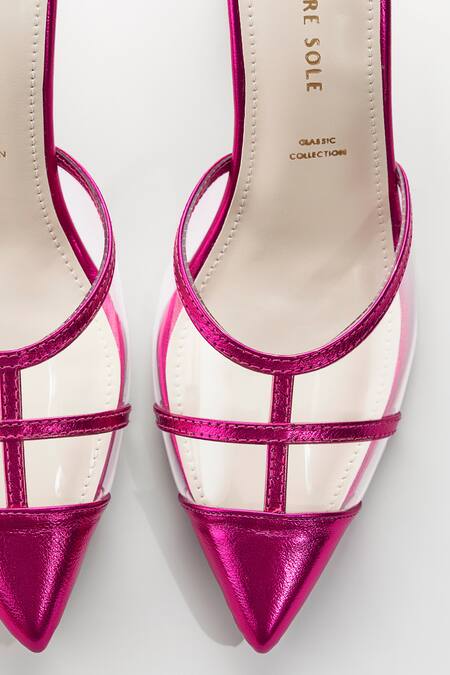 Signature Sole Fuchsia Pink Metallic Pointed Toe Block Heels Online at Aza Fashions Signature Sole_Fuchsia Pink Metallic Pointed Toe Block Heels _Online_at_Aza_Fashions