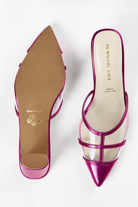 Shop Signature Sole Fuchsia Pink Metallic Pointed Toe Block Heels at Aza Fashions Shop_Signature Sole_Fuchsia Pink Metallic Pointed Toe Block Heels _at_Aza_Fashions