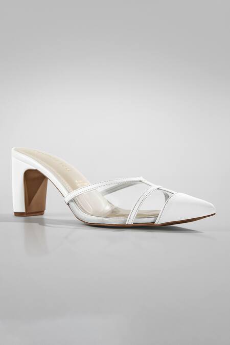Signature Sole White Pointed Toe Block Heels 