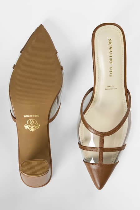 Signature Sole Tan Brown Pointed Toe Block Heels 