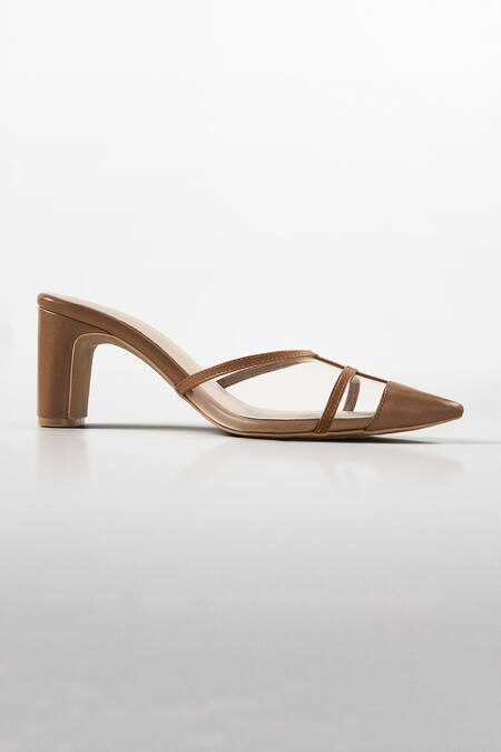 Signature Sole Tan Brown Pointed Toe Block Heels 